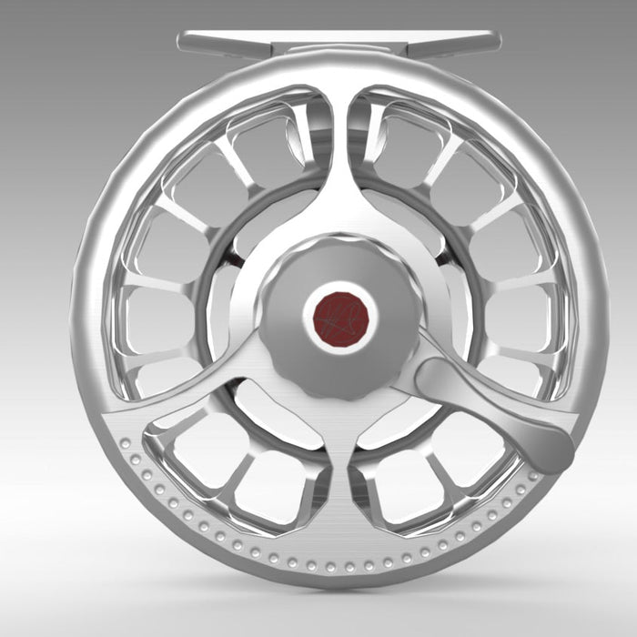 Preset plug component highlighted in detail, showing the precision-machined adjustment part used in the SEIGLER fly reel assembly.