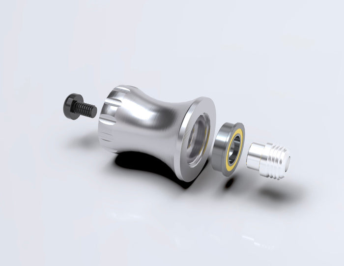 Exploded view of the SEIGLER handle assembly showing the short thread-in axle, flanged hybrid bearing, handle, and outboard retention fastener aligned in assembly order.