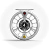 Side view of a Seigler size 4 fly reel highlighting the handle, spool, counterweight, and silicone hubcap