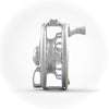 Front view of a Seigler fly reel upright, showing the left-side lever and preset knob with the handle on the right