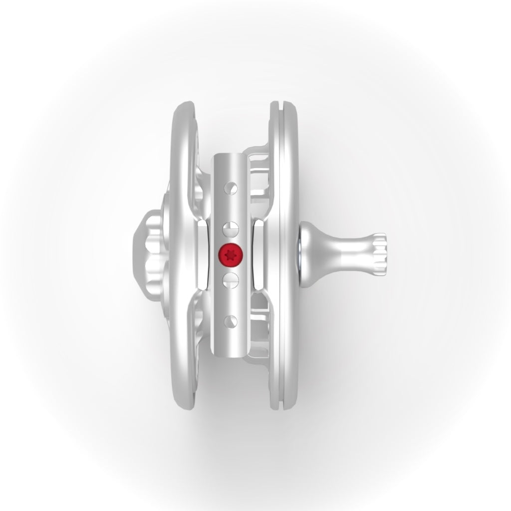 Top-down view of a Seigler Model 4 fly reel highlighting its clean design, reel width, and machined aluminum profile