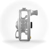 Front view of a Seigler 4.5 fly reel upright, showing the left-side lever and preset knob with the handle on the right