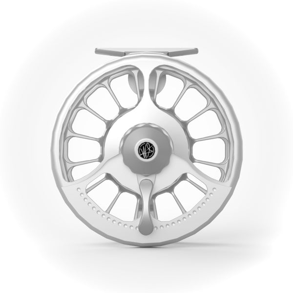 Seigler 4.5 Silver fly reel preset-and-lever side view highlighting the machined main case, spool, lever, and preset knob