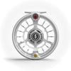 Handle-side view of a Seigler size 5 fly reel showing the spool, handle, counterweight, and hubcap