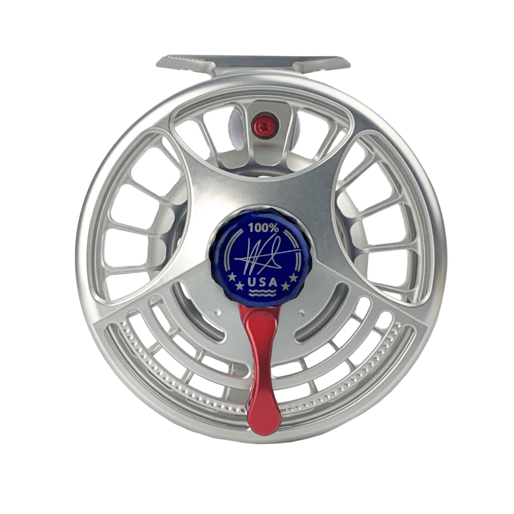 BF Lever Drag Fly Reel in White and Blue - Perfect for GT, Tarpon, Sailfish, and Tuna fly fishing. Unmatched drag performance. USA Made in Virginia Beach.
