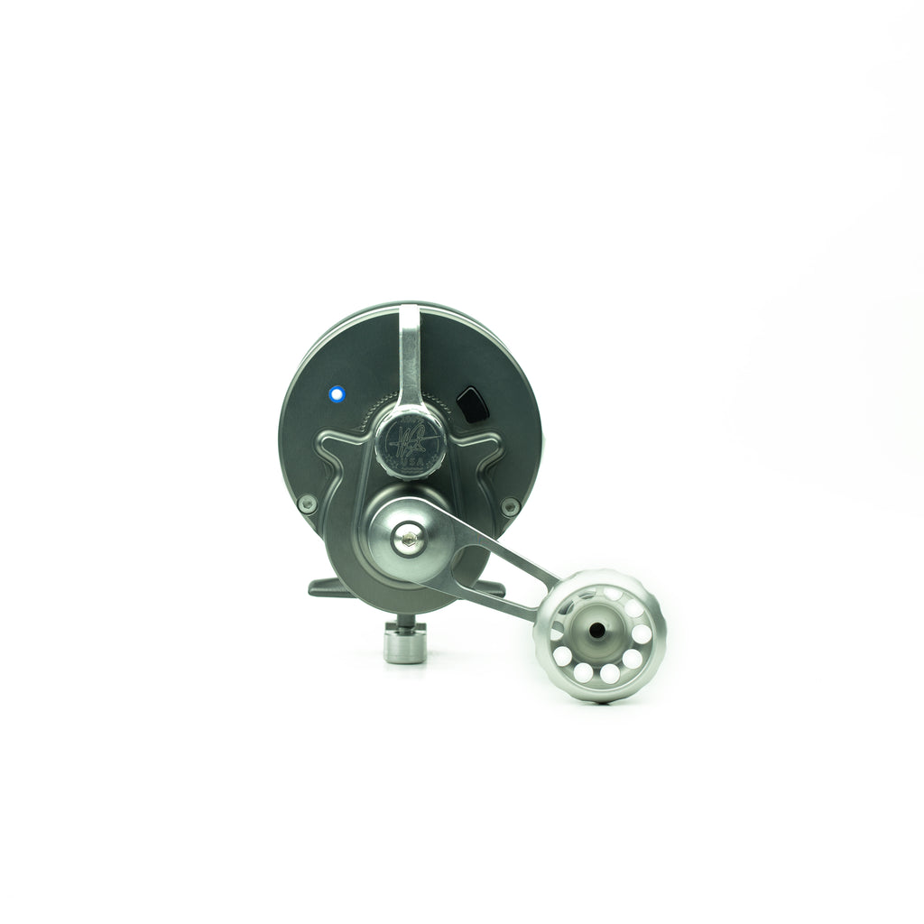 Side view of the seigler offshore small fishing reel with lever drag. 