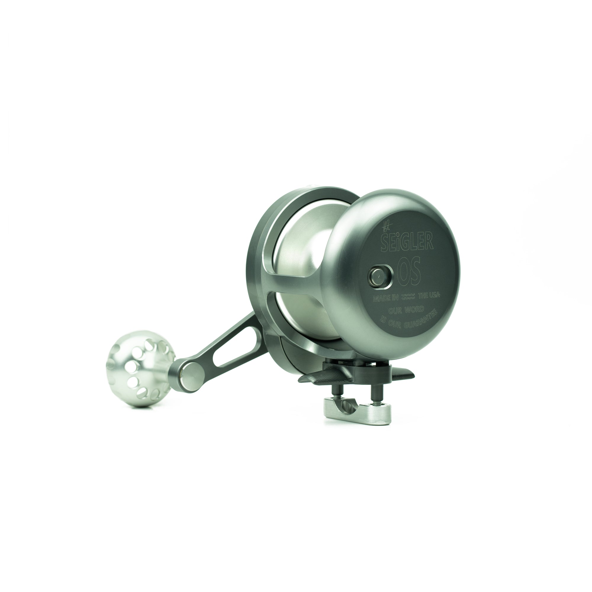 Seigler offshore small fishing reel with silver accents. 